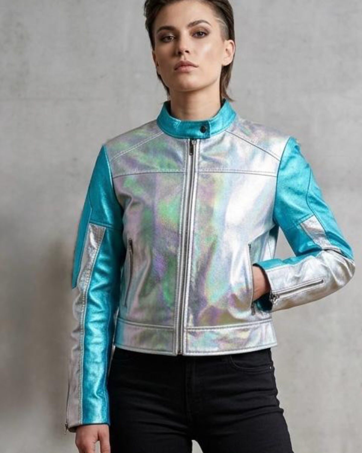 Women's Futuristic Metallic Leather Moto Jacket