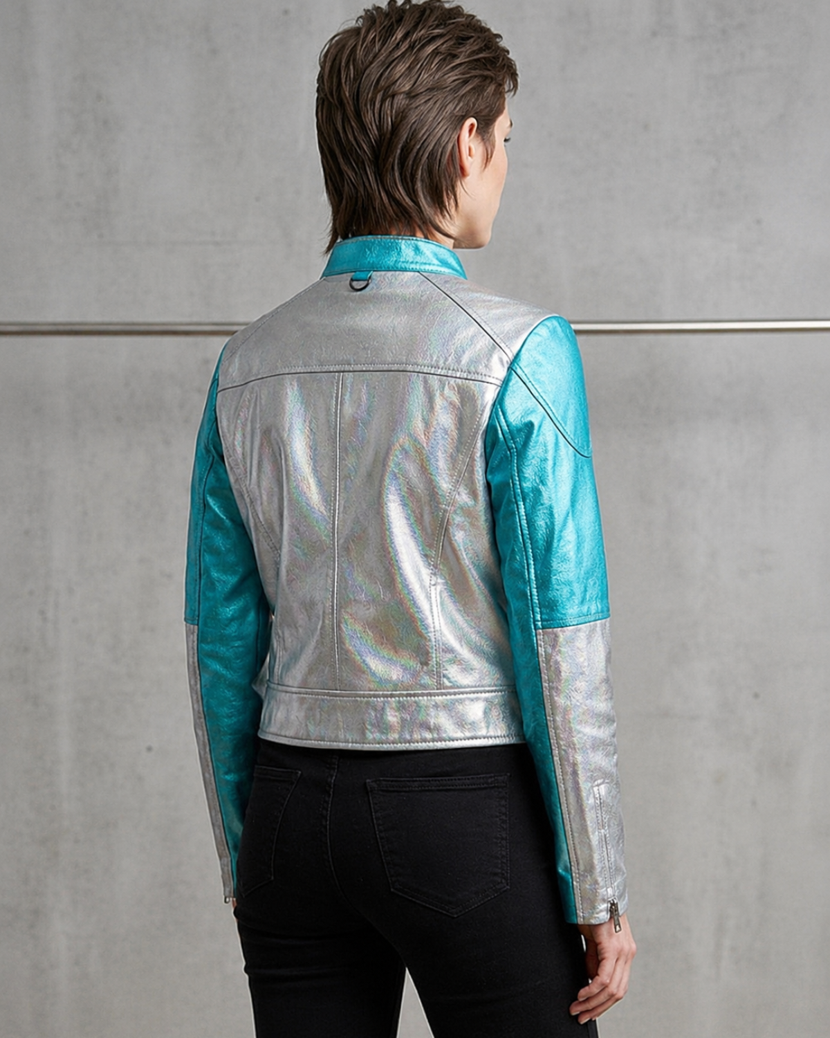 Women's Futuristic Metallic Leather Moto Jacket