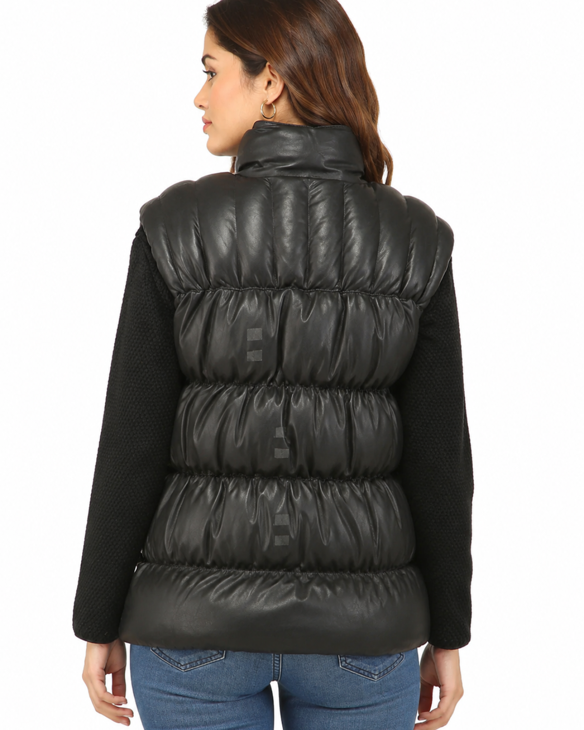 Designer Women Leather Puffer Down Jacket without Sleeve
