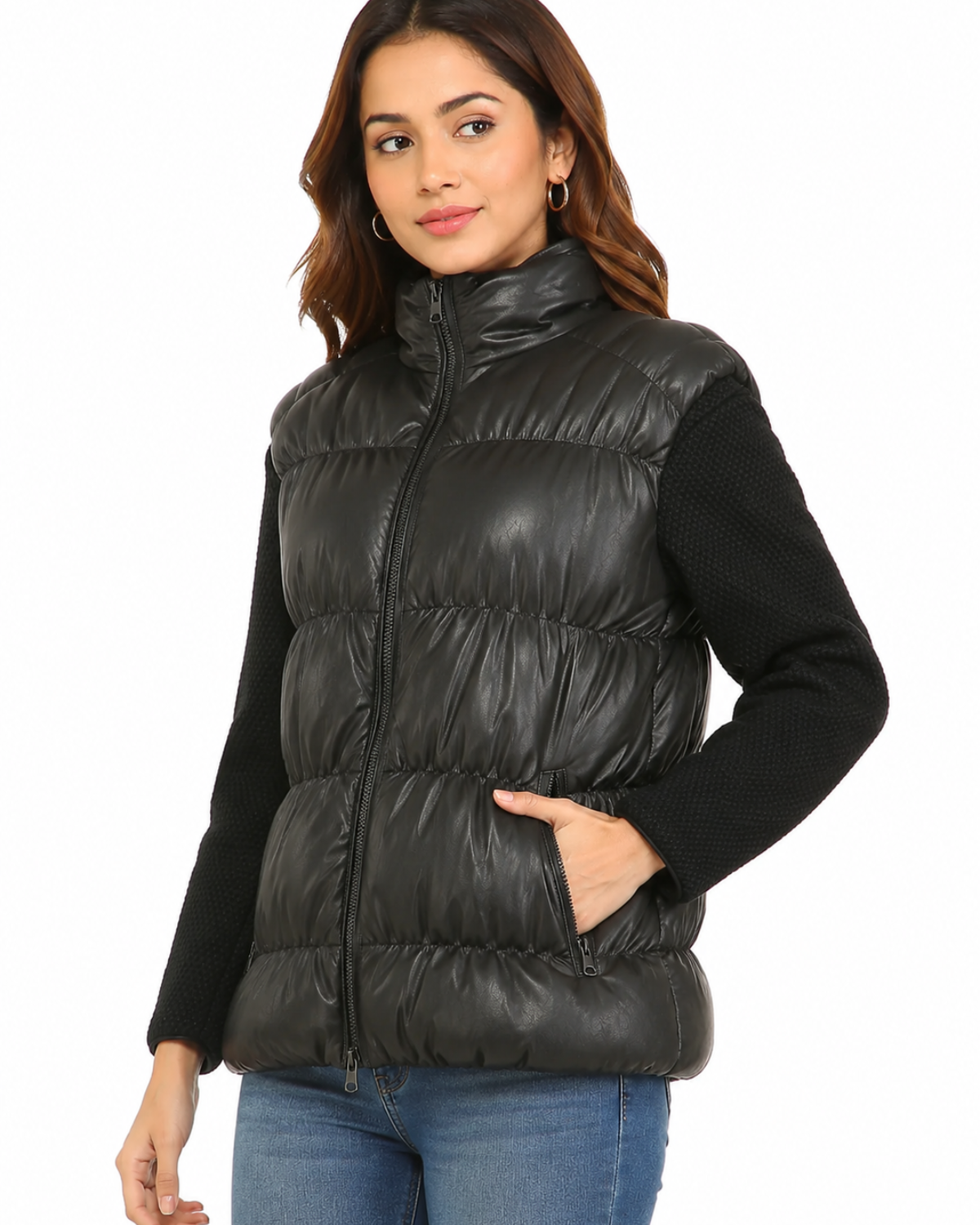 Designer Women Leather Puffer Down Jacket without Sleeve