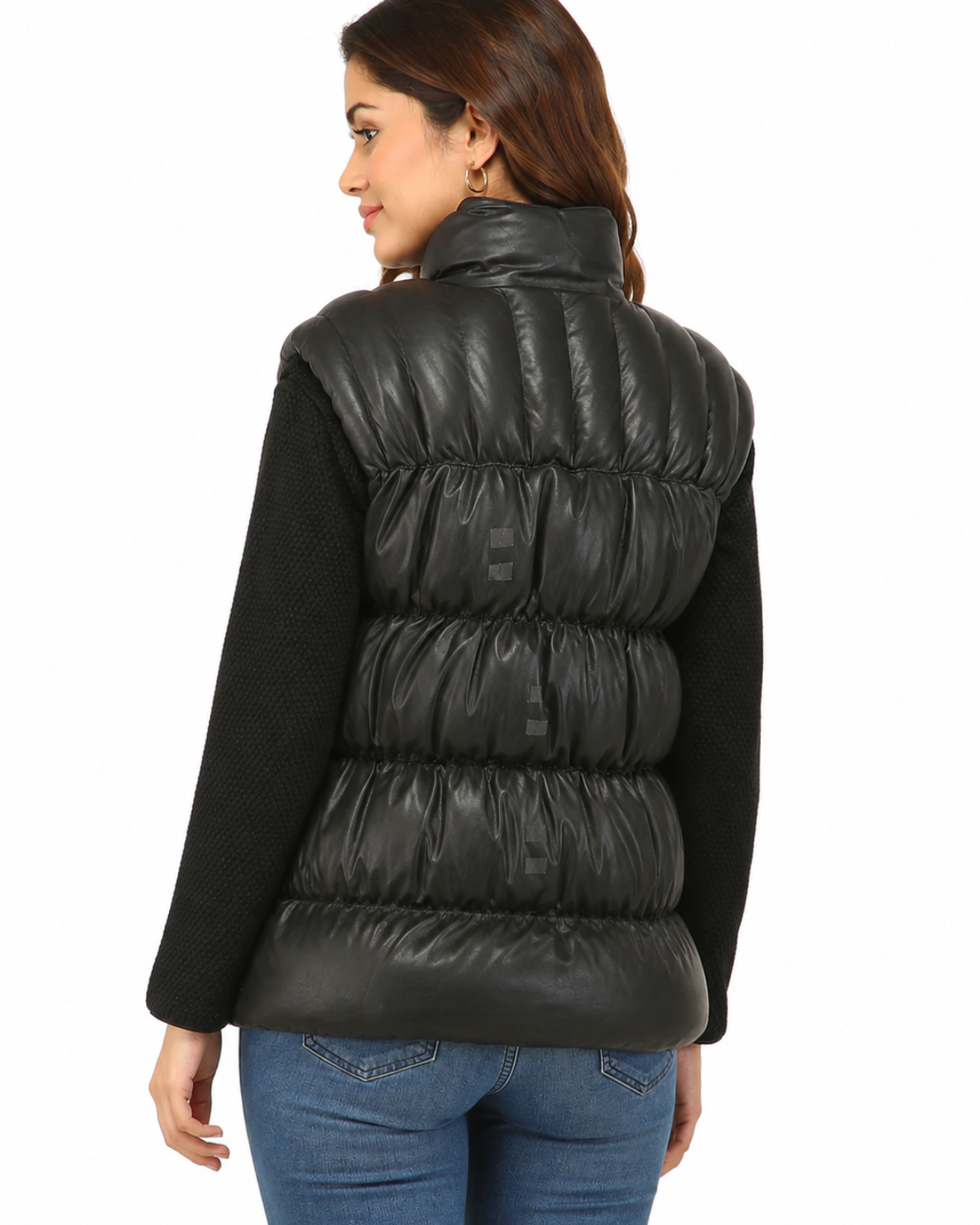 Designer Women Leather Puffer Down Jacket without Sleeve