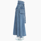 Asymmetrical Denim Skirt High Waist With Sashes Streetwear Irregular Casual Women Skirts