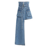 Asymmetrical Denim Skirt High Waist With Sashes Streetwear Irregular Casual Women Skirts