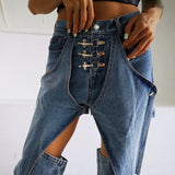 Elegant Hollow Out Women Denim Jeans High Waist casual Wide Leg Pants Fashion Clothes Summer