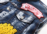 Men Sleeveless  Towel Embroider Cotton Denim Jacket Punk Gothic