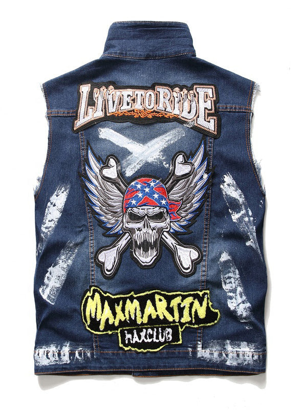 Men Sleeveless  Towel Embroider Cotton Denim Jacket Punk Gothic