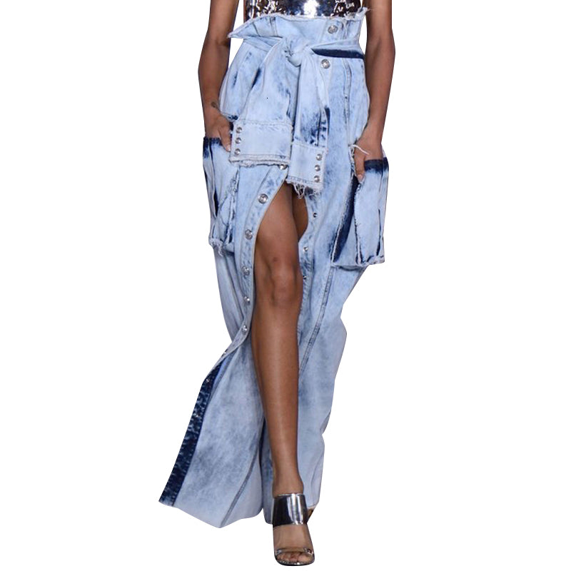 Women Denim Skirt High Waist Lace Up Pocket Irregular Midi Skirts 2020 Fashion Summer