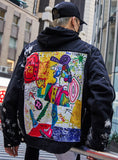 Denim Jacket Men Distressed  Jean Jacket with Graffiti hand painted