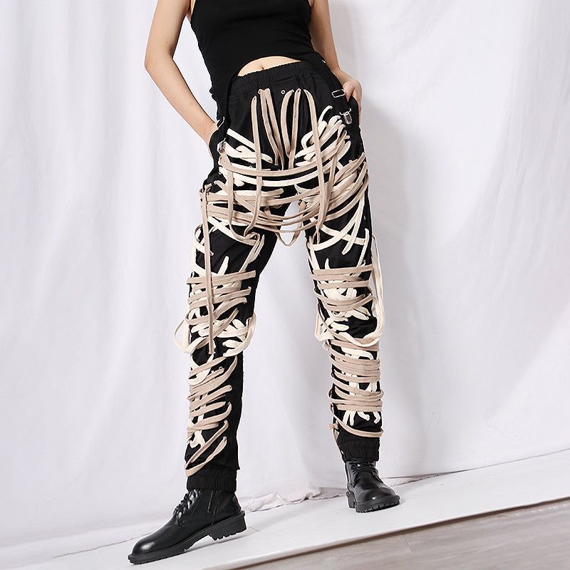 Cross Bandage Pants High Waist Full Length Plus Size Casual Black Uni sex Trousers