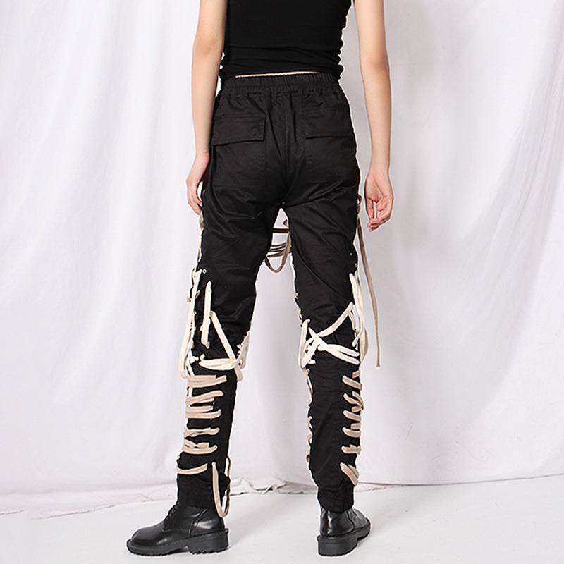 Cross Bandage Pants High Waist Full Length Plus Size Casual Black Uni sex Trousers