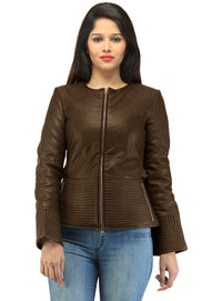 Hand Crafted Leather Multi Quilted Bottom Women Soft Lamb Jacket Brown / XS / LEATHER, Women Jacket - CrabRocks, LeatherfashionOnline
 - 2
