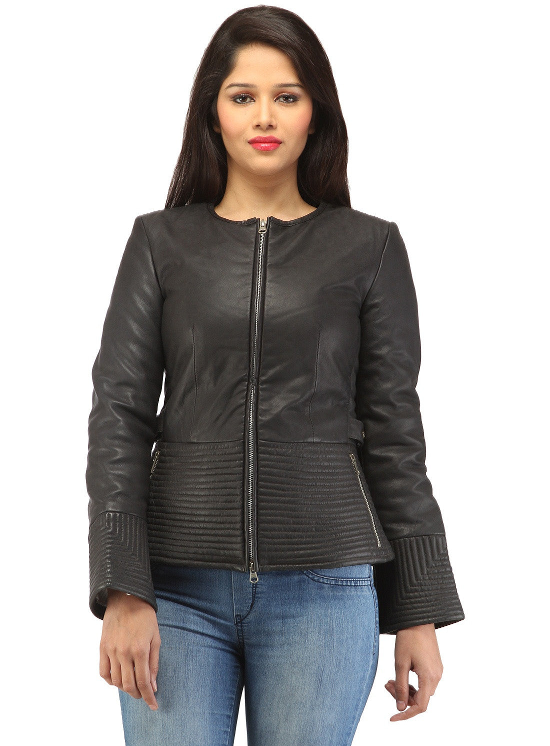 Hand Crafted Leather Multi Quilted Bottom Women Soft Lamb Jacket Black / XS / LEATHER, Women Jacket - CrabRocks, LeatherfashionOnline
 - 1
