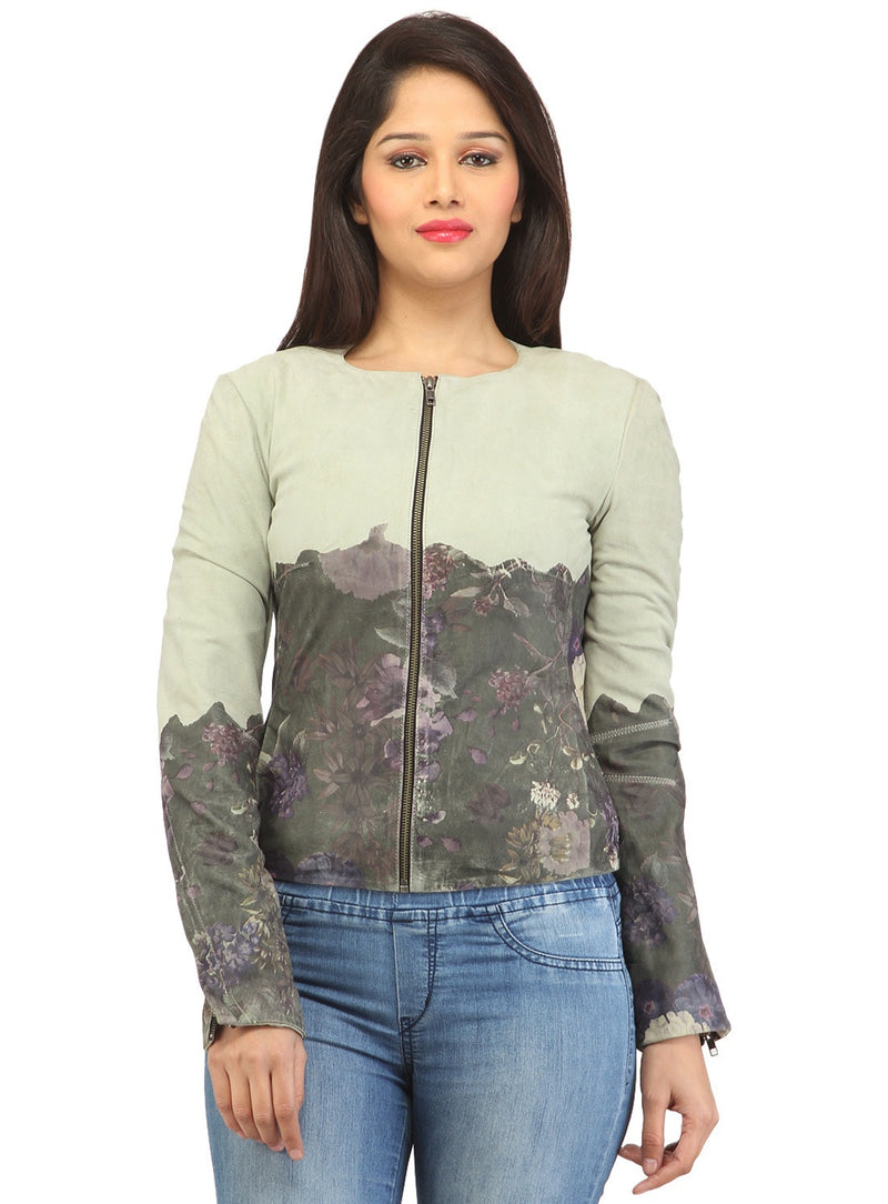 Women Designer Ombre Printed Leather Suede jacket XS / LEATHER / Ice Grey, Women Jacket - CrabRocks, LeatherfashionOnline
 - 1