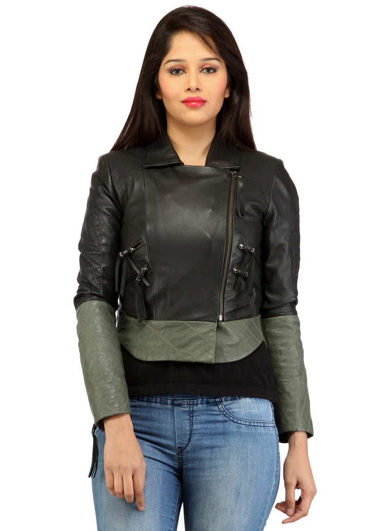 Women Short Bolero Biker Jacket in dual color. XS / LEATHER / Black/Grey, Women Jacket - CrabRocks, LeatherfashionOnline
 - 1