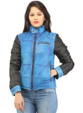 Women Hand Padded Best Seller Leather Puffer Jacket With Fabric Sleeve XS / LEATHER / Blue, Women Jacket - CrabRocks, LeatherfashionOnline
 - 1