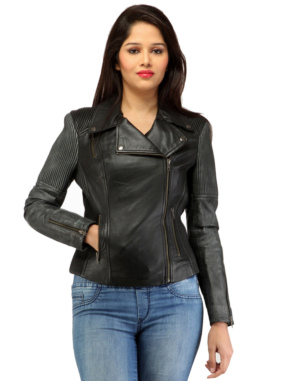 Women Washed Corded Biker Lamb Leather Jacket XS / LEATHER / Black, Women Jacket - CrabRocks, LeatherfashionOnline
 - 1