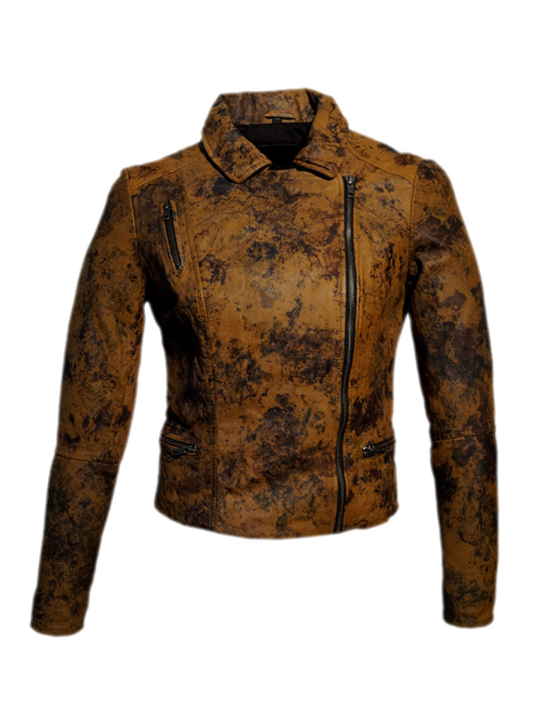 Women Marbled Leather Biker Jacket XS / LEATHER / Tan, Women Jacket - CrabRocks, LeatherfashionOnline
 - 2