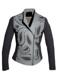 Women Leather Designer Paisley Cut Jacket in Front and back with Ribbed Sleeves , Women Jacket - CrabRocks, LeatherfashionOnline
 - 2