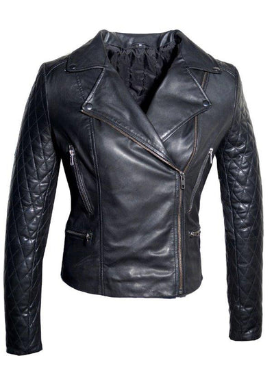 Women Leather Biker Jacket with Padded Sleeve Black / XS / LEATHER, Women Jacket - CrabRocks, LeatherfashionOnline
 - 1