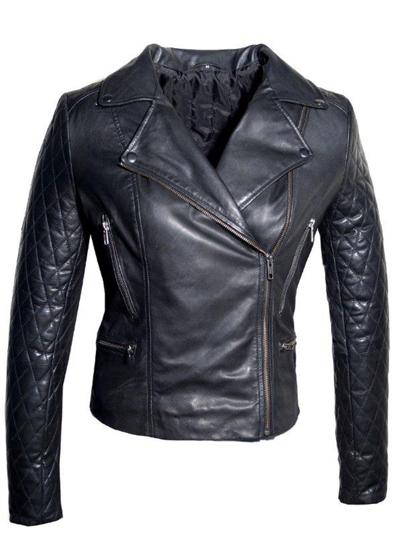 Women Leather Biker Jacket with Padded Sleeve Black / XS / LEATHER, Women Jacket - CrabRocks, LeatherfashionOnline
 - 1