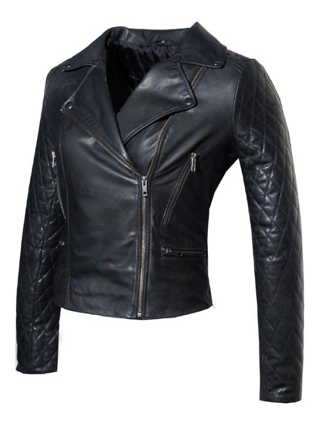 Women Leather Biker Jacket with Padded Sleeve , Women Jacket - CrabRocks, LeatherfashionOnline
 - 2