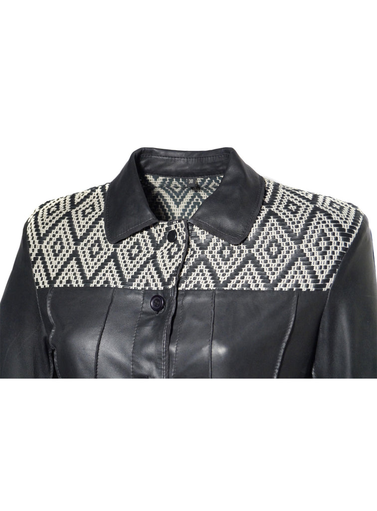 Leather Short Jacket with Jacquard Leather Weave at Front and Back Yoke.