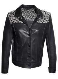 Leather Short Jacket with Jacquard Leather Weave at Front and Back Yoke.