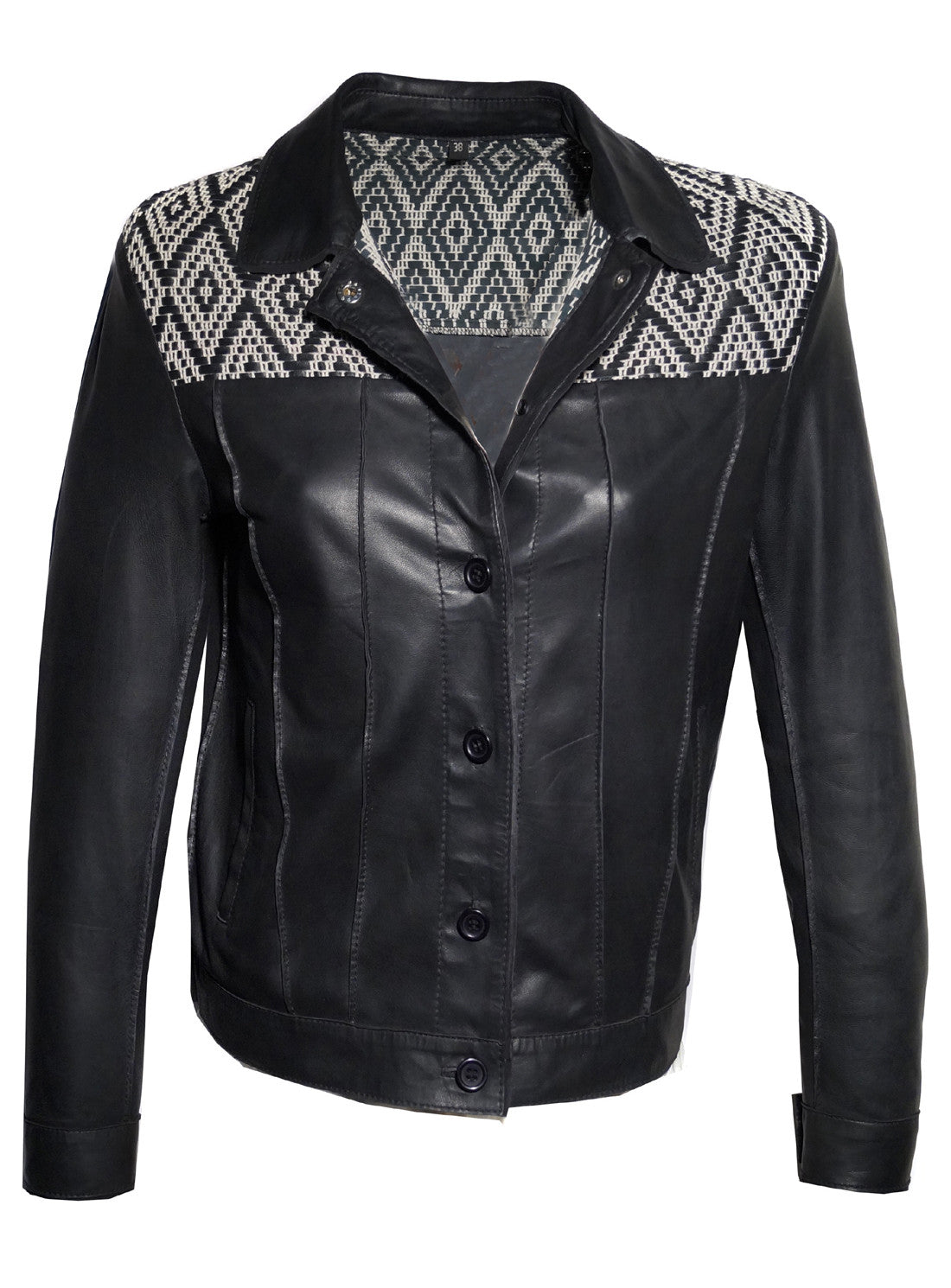 Leather Short Jacket with Jacquard Leather Weave at Front and Back Yoke.