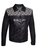 Leather Short Jacket with Jacquard Leather Weave at Front and Back Yoke.