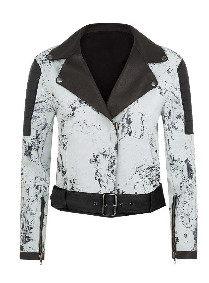 Women Marbled Leather MotorCycle Biker Jacket XS / LEATHER / Icy White, Women Jacket - CrabRocks, LeatherfashionOnline
 - 1