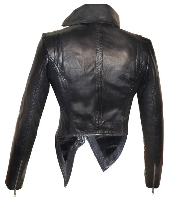CrabRocks Women Leather Asymmetrical Soft Leather Jacket with High Neck Collars and Embroidered Sequence Drop Front , Women Jacket - CrabRocks, LeatherfashionOnline
 - 3