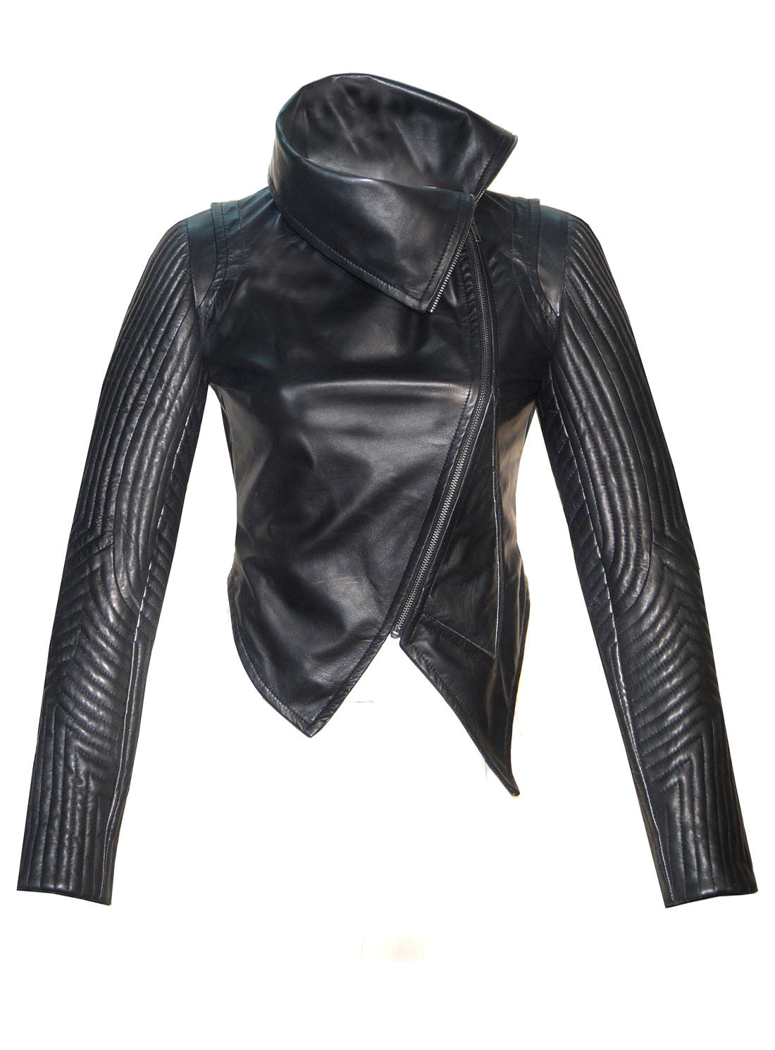 CrabRocks Women Leather Asymmetrical Soft Leather Jacket with High Neck Collars and Multi Quilted Sleeve Black / XS / LEATHER, Women Jacket - CrabRocks, LeatherfashionOnline
 - 1