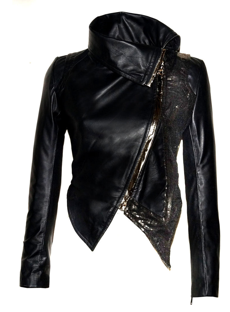 CrabRocks Women Leather Asymmetrical Soft Leather Jacket with High Neck Collars and Embroidered Sequence Drop Front Black / XS / LEATHER, Women Jacket - CrabRocks, LeatherfashionOnline
 - 1