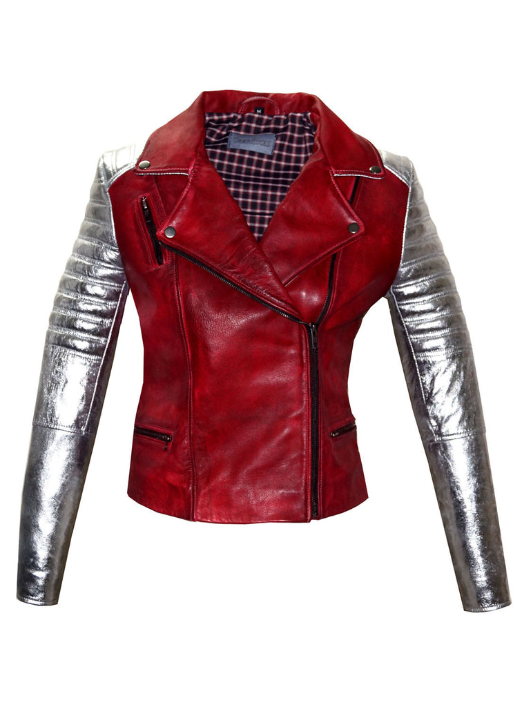 CrabRocks Leather Christmas Vintage Look Motorcycle Moto Biker Women Jacket with Metallic Silver Padded Sleeve Christmas Red/ Silver / XS / LEATHER, Women Jacket - CrabRocks, LeatherfashionOnline
 - 2