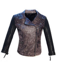 Women Leather Washed Vintage Motorcycle Jacket with 3/4 Sleeve