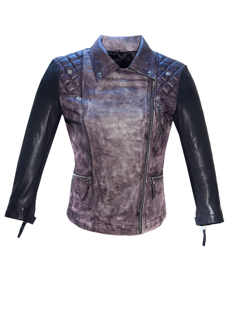 Women Leather Washed Vintage Motorcycle Jacket with 3/4 Sleeve