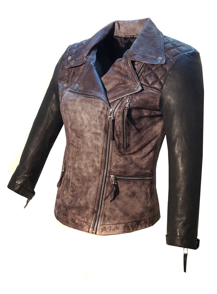 Women's Vintage Brown Real Leather Biker Jacket - Distressed, Slim Fit, Motorcycle Style