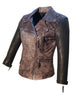 Women Leather Washed Vintage Motorcycle Jacket with 3/4 Sleeve