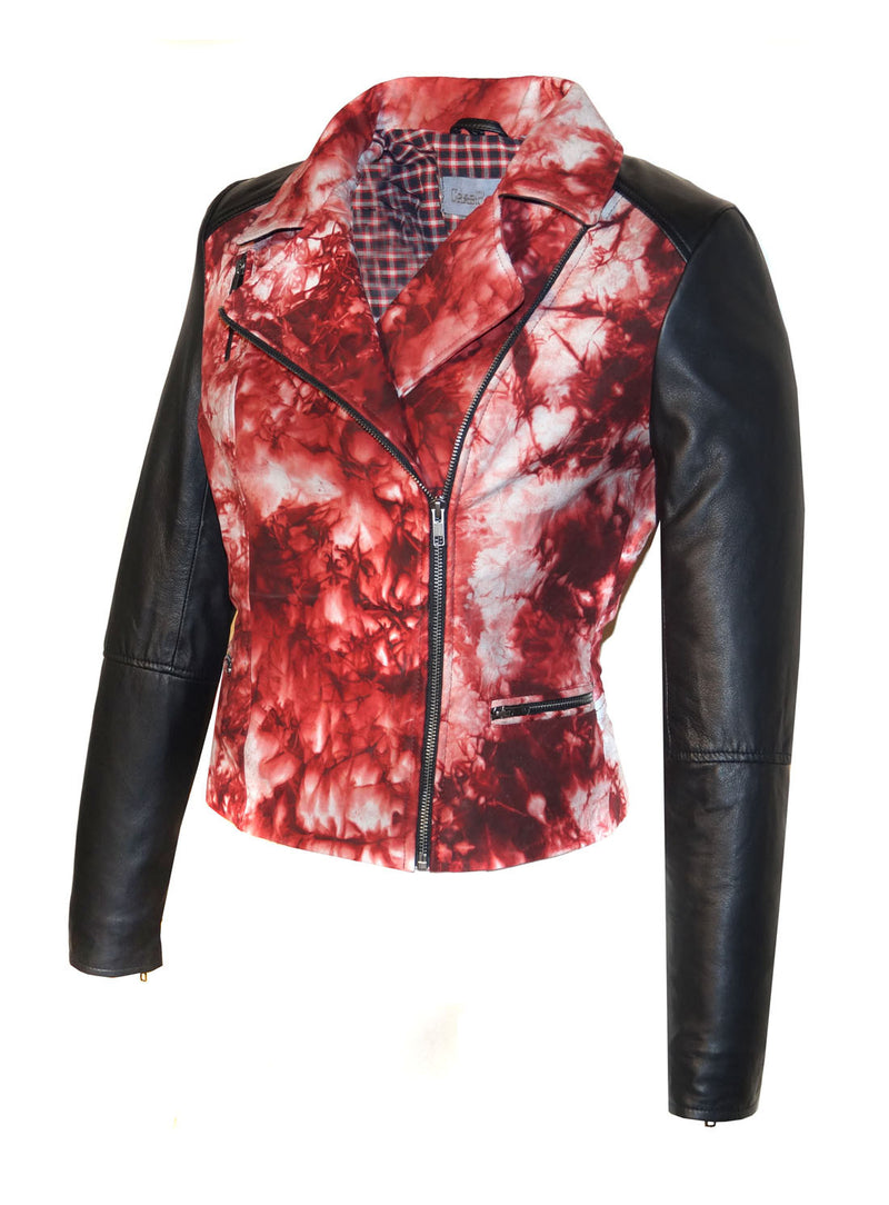 CrabRocks HandCrafted Christmas Special Red Batik Leather Motorcycle Biker Moto Women Jacket with Black Sleeve , Women Jacket - CrabRocks, LeatherfashionOnline
 - 2