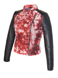 CrabRocks HandCrafted Christmas Special Red Batik Leather Motorcycle Biker Moto Women Jacket with Black Sleeve , Women Jacket - CrabRocks, LeatherfashionOnline
 - 3