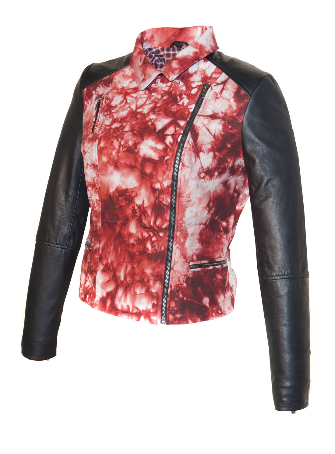 CrabRocks HandCrafted Christmas Special Red Batik Leather Motorcycle Biker Moto Women Jacket with Black Sleeve , Women Jacket - CrabRocks, LeatherfashionOnline
 - 3