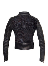 CrabRocks Hand Crafted Leather Croco Lamb Quilted Motorcycle Biker Women Jacket with sleeve padded , Leather Jacket - Crabrocks, LeatherfashionOnline
 - 2