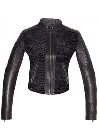 CrabRocks Hand Crafted Leather Croco Lamb Quilted Motorcycle Biker Women Jacket with sleeve padded XS / BLACK / LAMB LEATHER, Leather Jacket - Crabrocks, LeatherfashionOnline
 - 1