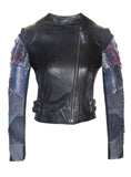 Women Lamb Leather Abstract Handcrafted Sleeve Dip Dyed Vintage Look Biker Jacket