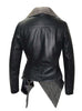 Leather Women Jacket with Asymmetrical Frilled Collar Long Coat