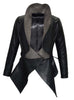 Leather Women Jacket with Asymmetrical Frilled Collar Long Coat