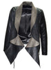 Leather Women Jacket with Asymmetrical Frilled Collar Long Coat