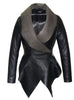 Leather Women Jacket with Asymmetrical Frilled Collar Long Coat