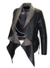 Leather Women Jacket with Asymmetrical Frilled Collar Long Coat