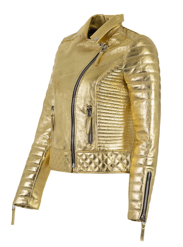 Women Designer Metallic Leather Motorcycle Biker Jacket